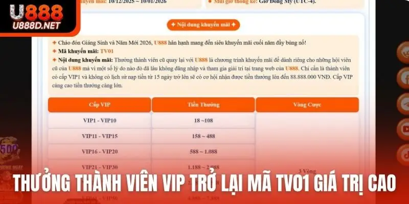Thưởng thành viên VIP trở lại mã TV01 mang giá trị cao